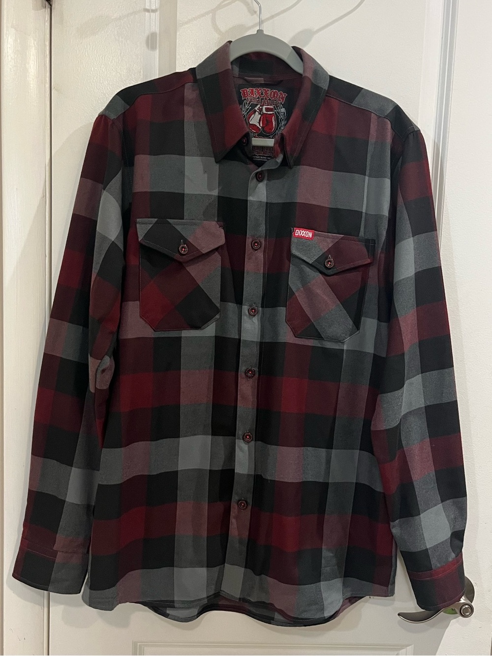 Dixxon “The Brawler” Flannel Button Down Shirt Sz M Burgundy/Gray Plaid Moto